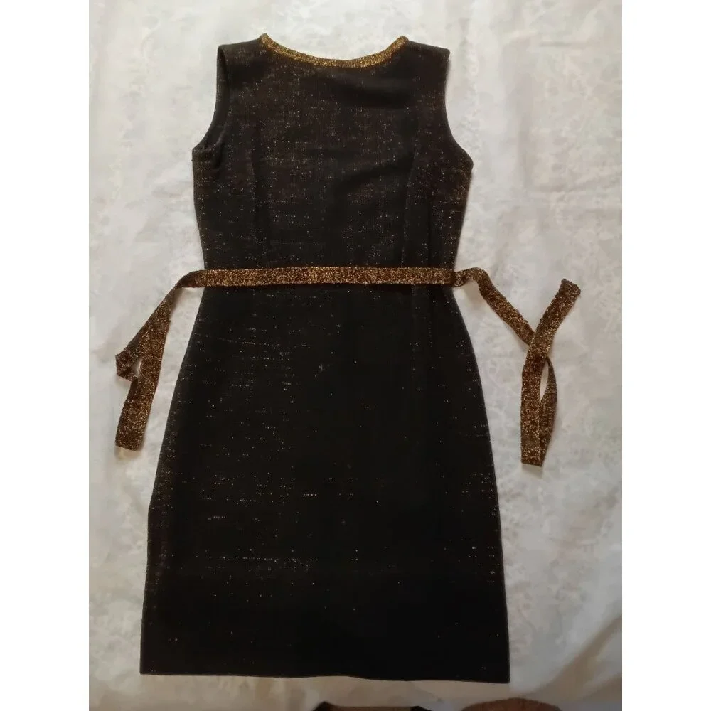 Vintage Camelot Patty Ann Dress Black & Gold Sheath Belted Medium - Picture 1 of 9